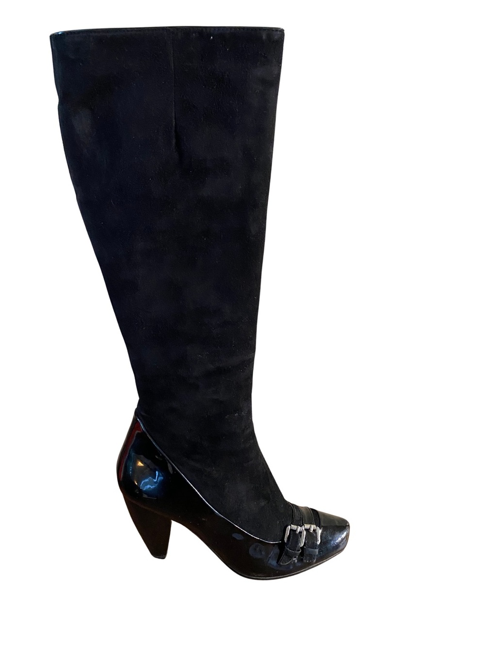 Classic Black Knee-High Suede & Patent Heel Boots